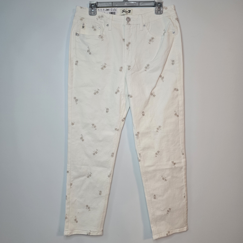 Seven7 White Floral Patterned Jeans Size 8 90s High Rise Straight Jean